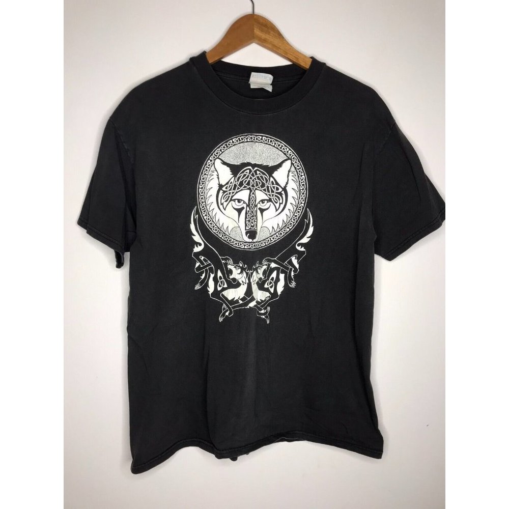 Vintage Y2K Wolf Wolves Celtic Faded Black Large Men's T-Shirt Nature